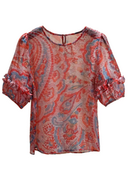 Grace Red O-Neck Ruffled Print Chiffon Shirt Top Short Sleeve