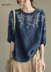 Handmade Navy-print4  lantern Sleeve O-Neck Embroideried Summer Ramie Blouses