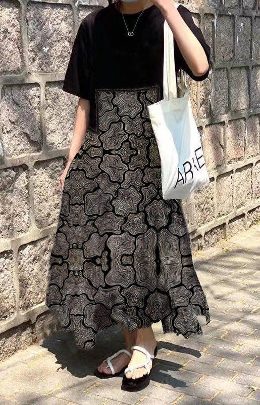 Fashion black print O-Neck Asymmetrical Plaid mosaic dress