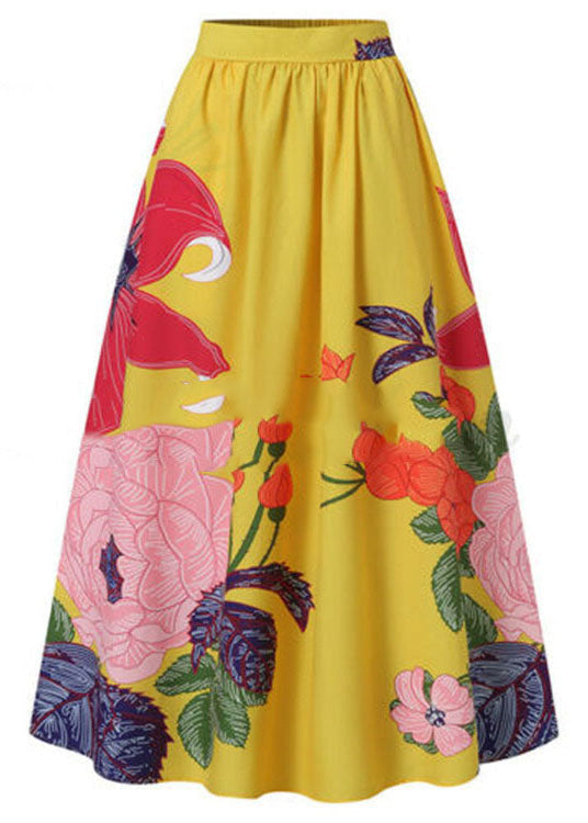 Bohemian Yellow -Black Print High Waist Pockets Floral Print Cotton A Line Skirt Summer