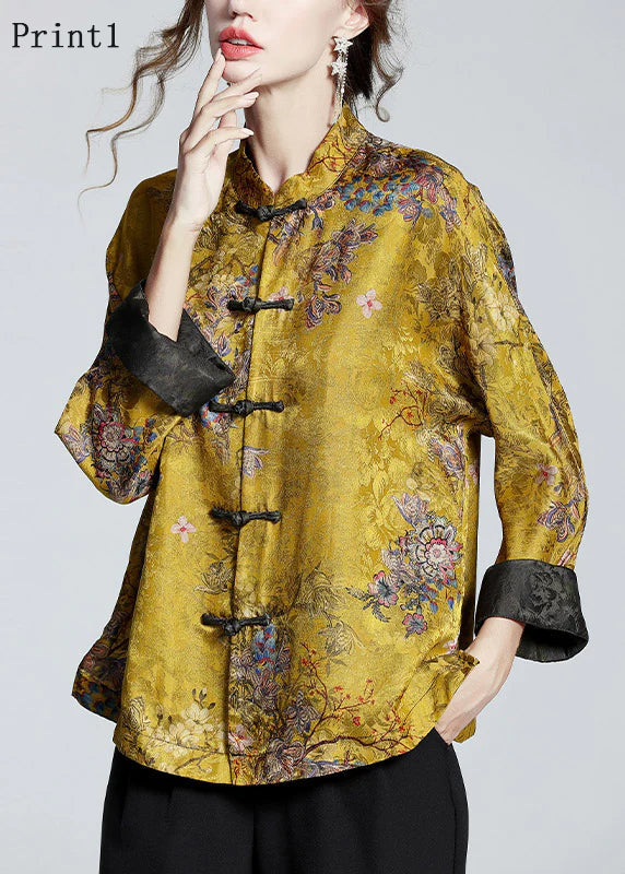 Chinese Style Print8 Stand Collar Button Print Silk Coats Long Sleeve