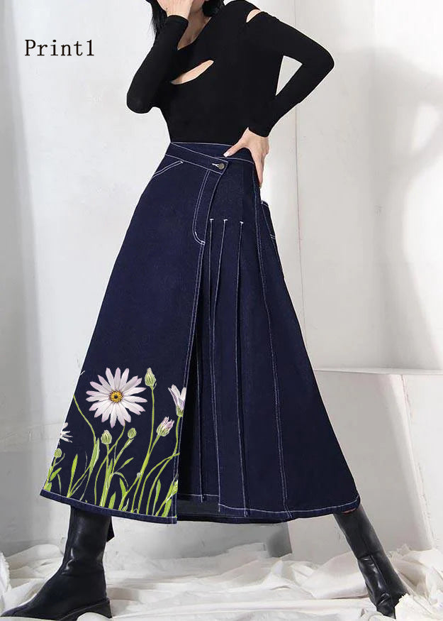 Boho denim blue-print3 zippered asymmetrical design Summer Skirt