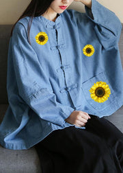 Loose stand collar Chinese Button clothes For Women Sleeve denim light blue-chrysanthemum shirts