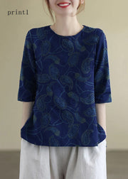 French Print4 O-Neck Embroidered Cotton Blouses Half Sleeve