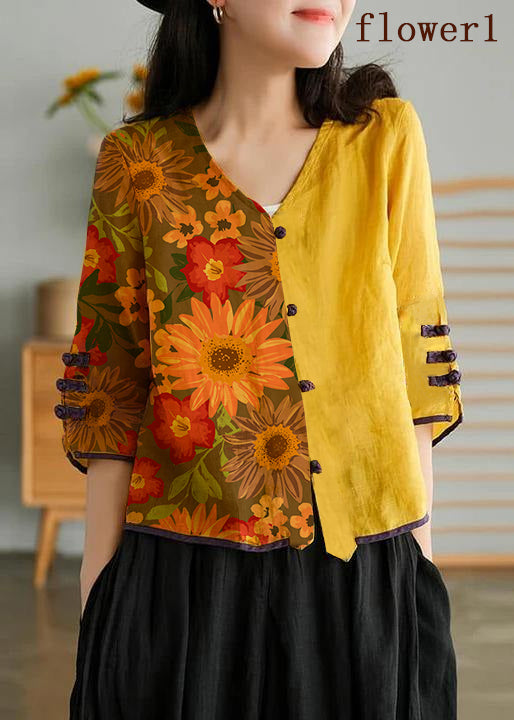 Women Yellow-flower1 Casual Ramie Cardigan Embroidered Shirt
