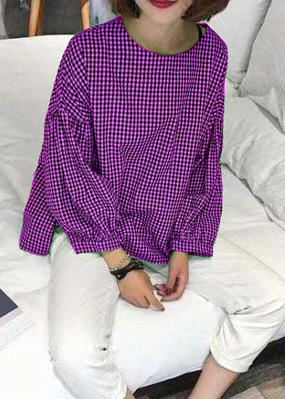 French  Purple Plaid Cotton Women Fine Sewing Asymmetric Plus Size Clothing Blouse