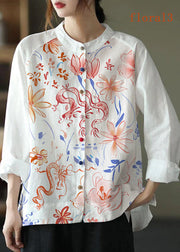 Modern White-floral2 Loose Patchwork Pockets Fall Long Sleeve Blouse Top