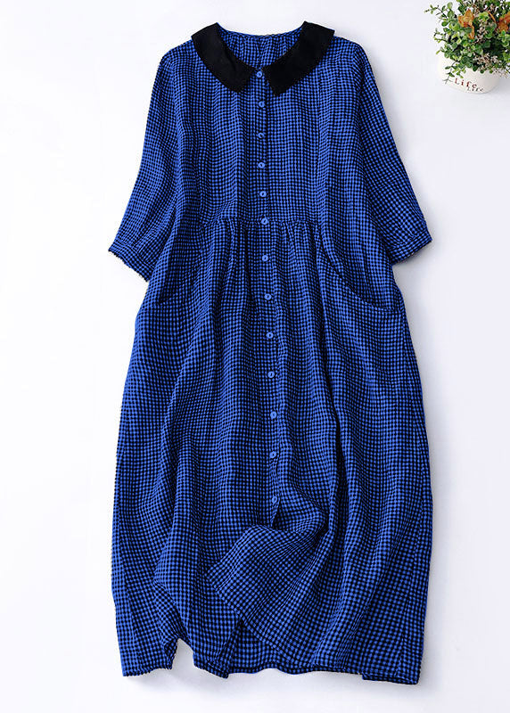 Polyester Blue Plaid Peter Pan Collar Patchwork Linen Dresses Summer