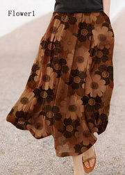 Retro Chocolate-Flower3 Print Pockets Linen Skirt Summer