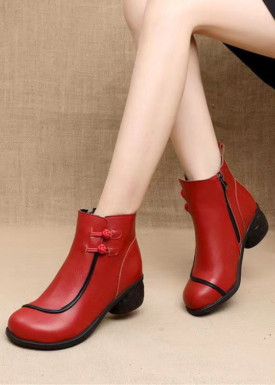 Red Ankle Boots Chunky Cowhide Leather Boutique Splicing Warm Fleece