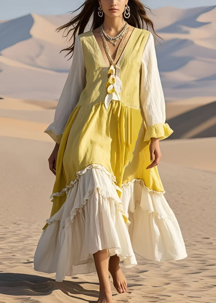 Handmade Yellow Ruffled Patchwork Cotton Long Dress Spring