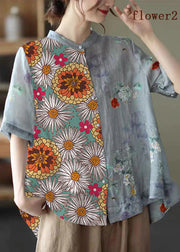 Elegant Purple flower Stand Collar Print Tops Half Sleeve