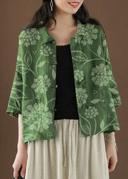 Beautiful Green-big print Peter Pan Collar Pockets Summer Linen top