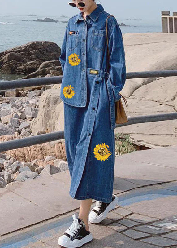 Loose Blue-love Pockets Button asymmetrical design Fall Denim Long sleeve Long Dress