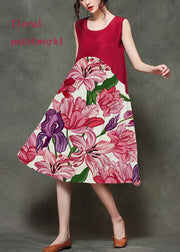 Casual Wine Red-floral1 O-Neck Wrinkled Long Dresses Sleeveless