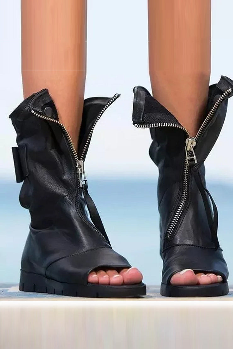 Faux Leather Open Toe Flat Booties Zip Up Ankle Boots