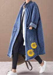 French denim blue-love Plus Size box coat Shape stand collar drawstring coat