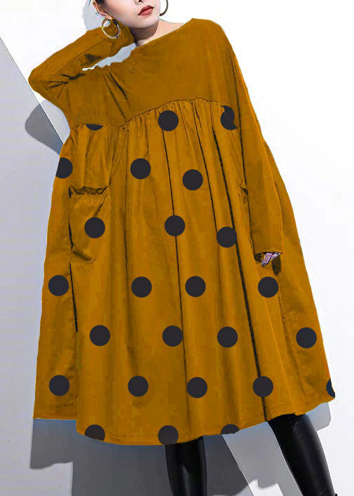Elegant Cinched o neck Cotton clothes For Women Tutorials  Yellow dot Dresses