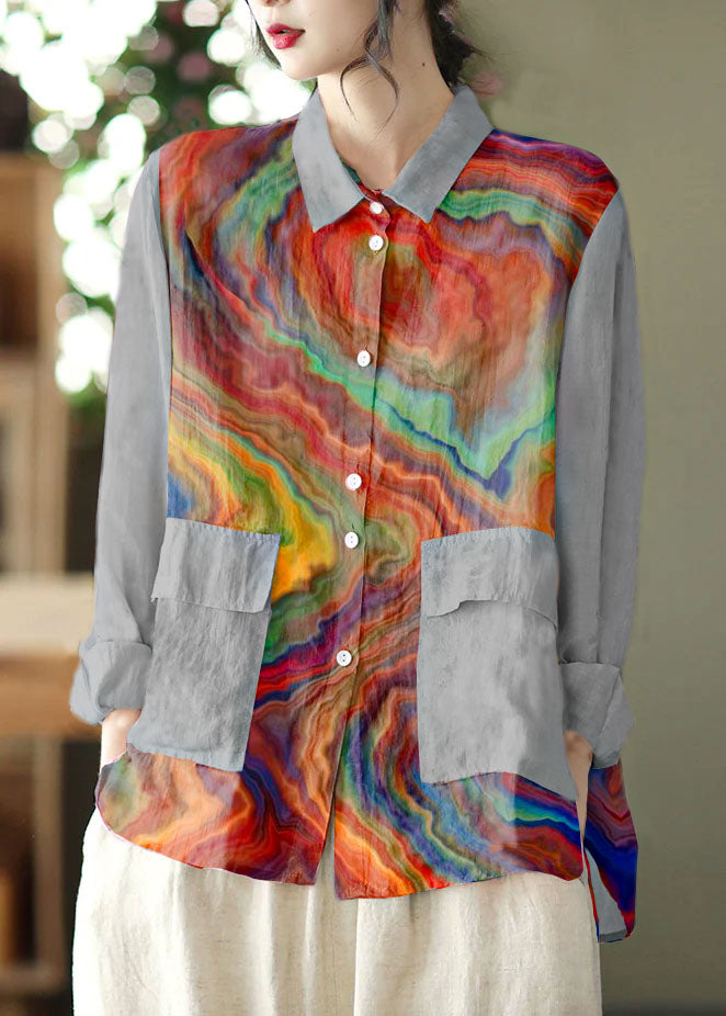 Cute Blue Geometry Peter Pan Collar Patchwork Solid Button Low High Design Linen Shirt Long Sleeve