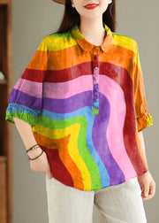 Colorful geometry Button Print Linen Blouses Peter Pan Collar Summer