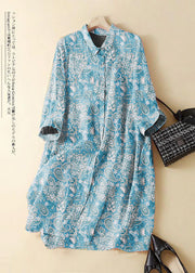 Fashion blue cashew nuts Embroidered Patchwork Linen Shirt Dress Summer