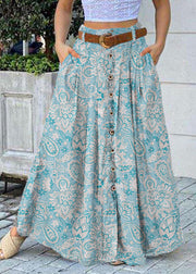 Women blue cashew nuts Bottom Front Loose Casual Long Skirt With Pocket