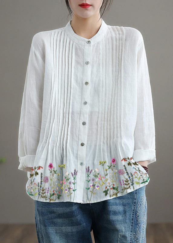 Organic White Placket flowers Linen Shirt Tunics Women Ramie Blouse