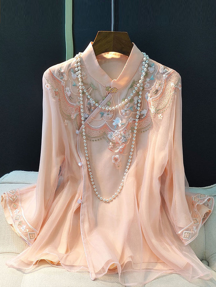 Elegant Lotus Pink Floral Embroidery Mock Neck Fog Button 3/4 Sleeve Loose Shirt