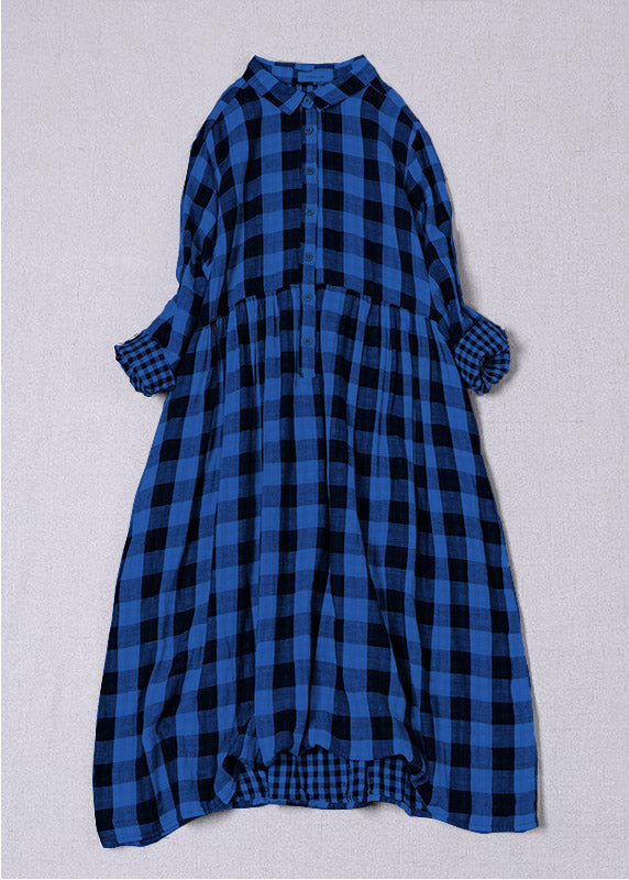 Bohemian Blue White Plaid PeterPan Collar Pockets Button Fall Patchwork Dresses