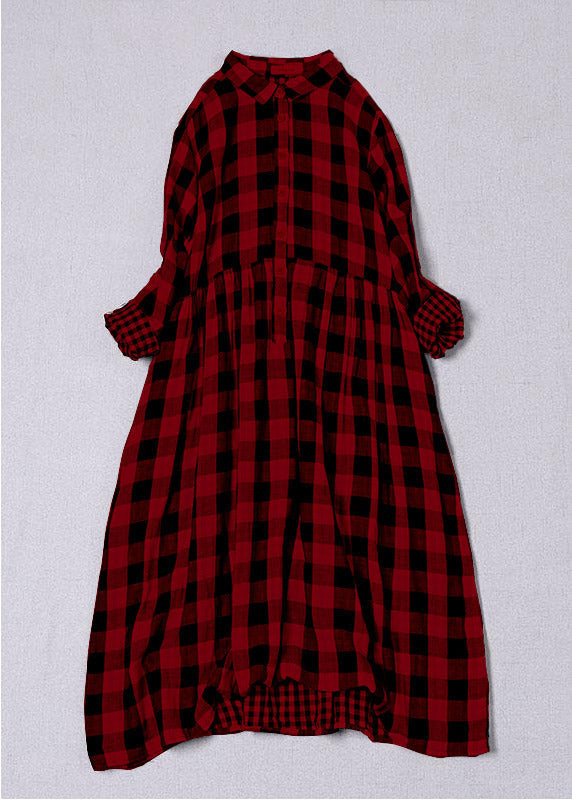 Bohemian Red White Plaid PeterPan Collar Pockets Button Fall Patchwork Dresses