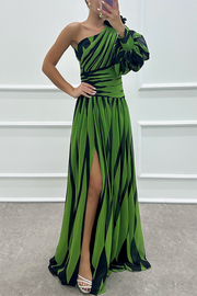 Wedding Prom Striped Print Slit Irregular Sloping Shoulder Evening Dresses