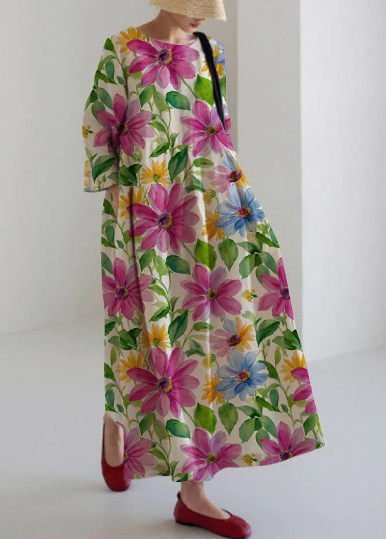 Apricot-Print2 Cotton Dresses Pockets Patchwork Spring
