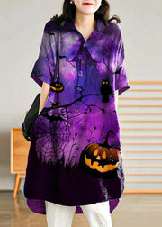 Jade purple-pumpkin stripes polka dots Linen Women Casual Linen Shirt Dress