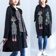 2021 autumn black print cotton coats plus size low high hooded trench coats