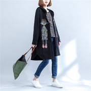 2024 autumn black print cotton coats plus size low high hooded trench coats