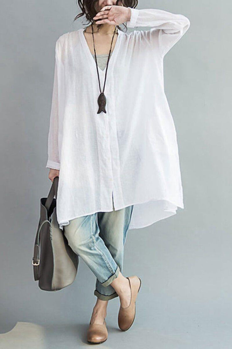 Art Casual Loose Long V-neck Cotton Shirt Women Clothes