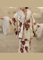 2025 Autumn New Sexy Rose Print Fur collar Silk Dress Two Piece Set