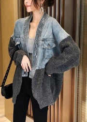 2024 Autumn Winter New Loose Fit Denim Spliced Knitted Cardigan Coat