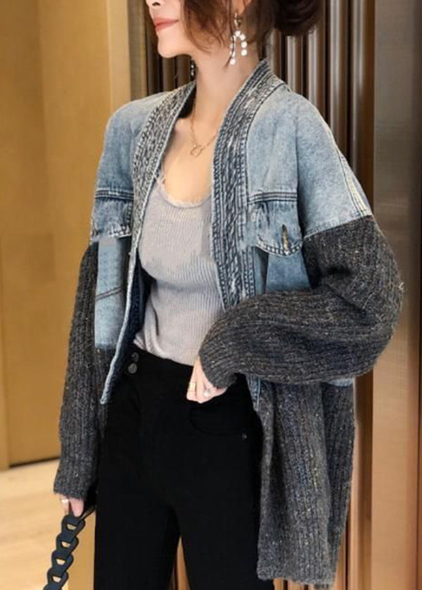 2025 Autumn Winter New Loose Fit Denim Spliced Knitted Cardigan Coat