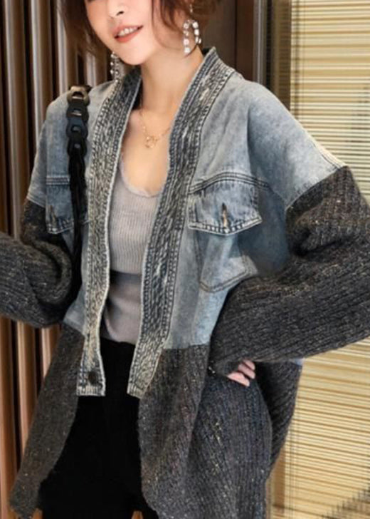 2024 Autumn Winter New Loose Fit Denim Spliced Knitted Cardigan Coat