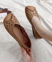 2025 Brown Cowhide Flat Feet Shoes Hollow Out Flat Shoes