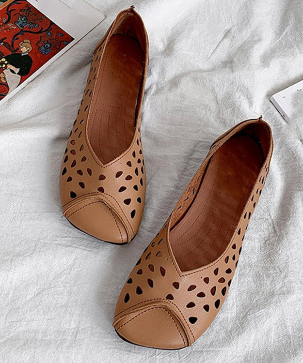 2025 Brown Cowhide Flat Feet Shoes Hollow Out Flat Shoes