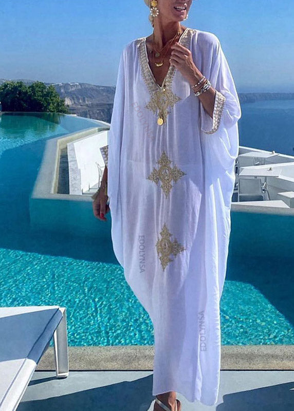 2025 Elegant Gold Embroidered Kaftan Retro V Neck White Dress