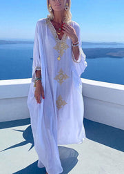 2025 Elegant Gold Embroidered Kaftan Retro V Neck White Dress