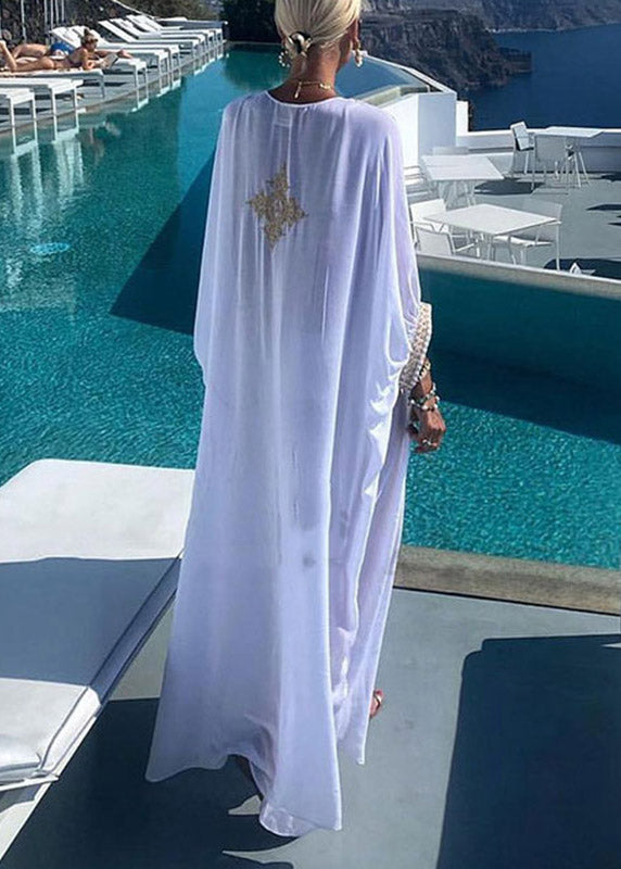 2025 Elegant Gold Embroidered Kaftan Retro V Neck White Dress