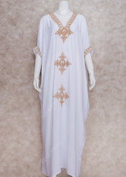 2025 Elegant Gold Embroidered Kaftan Retro V Neck White Dress