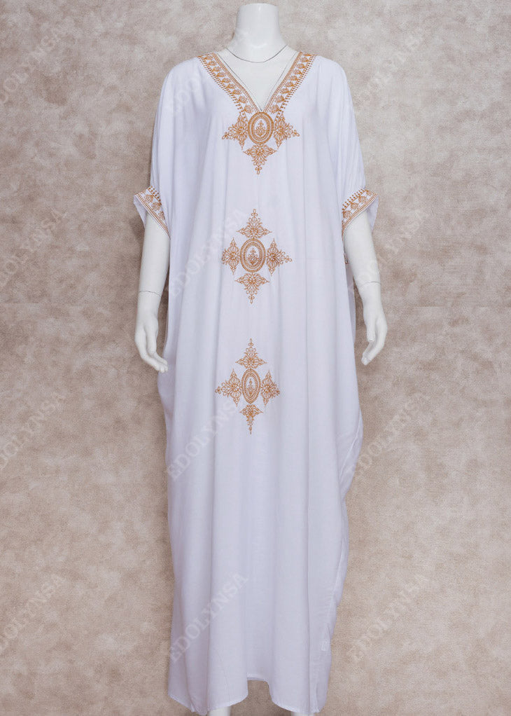 2025 Elegant Gold Embroidered Kaftan Retro V Neck White Dress