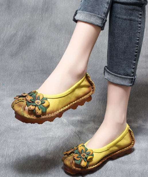 2025 Floral Splicing Flat Shoes Yellow Cowhide Leather