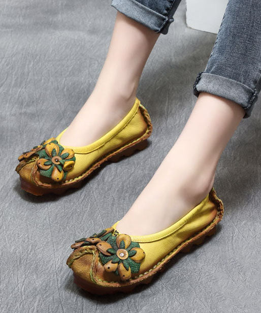 2025 Floral Splicing Flat Shoes Yellow Cowhide Leather