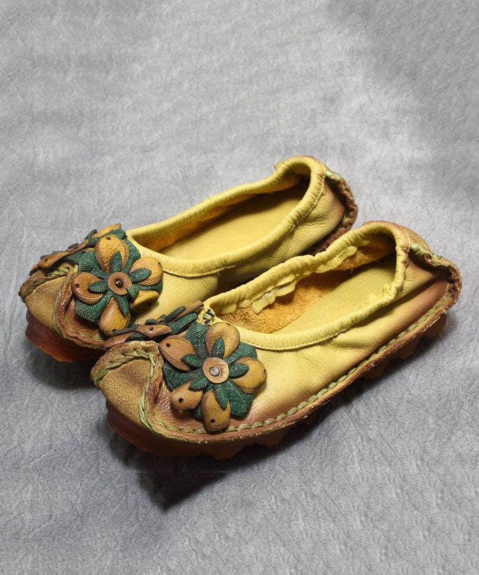 2025 Floral Splicing Flat Shoes Yellow Cowhide Leather